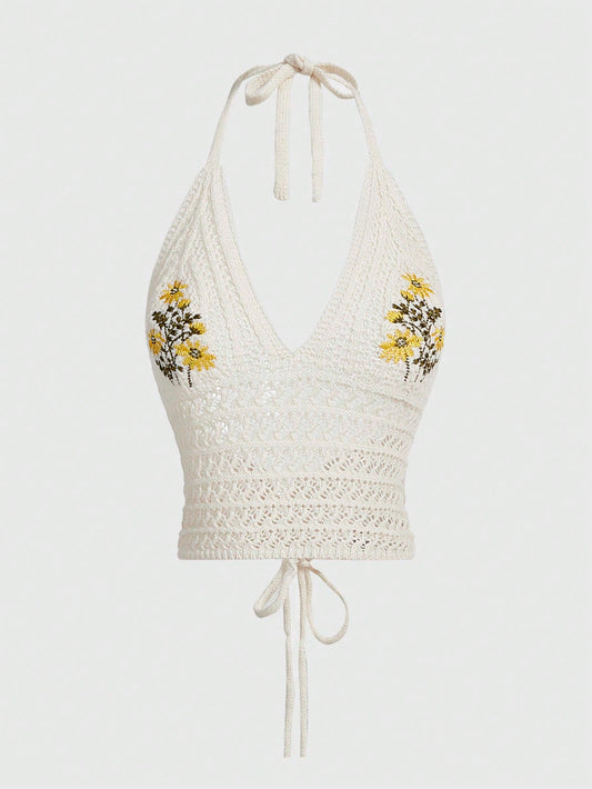 ROMWE Fairycore Top de verano halter de ganchillo con bordado de margaritas para playa