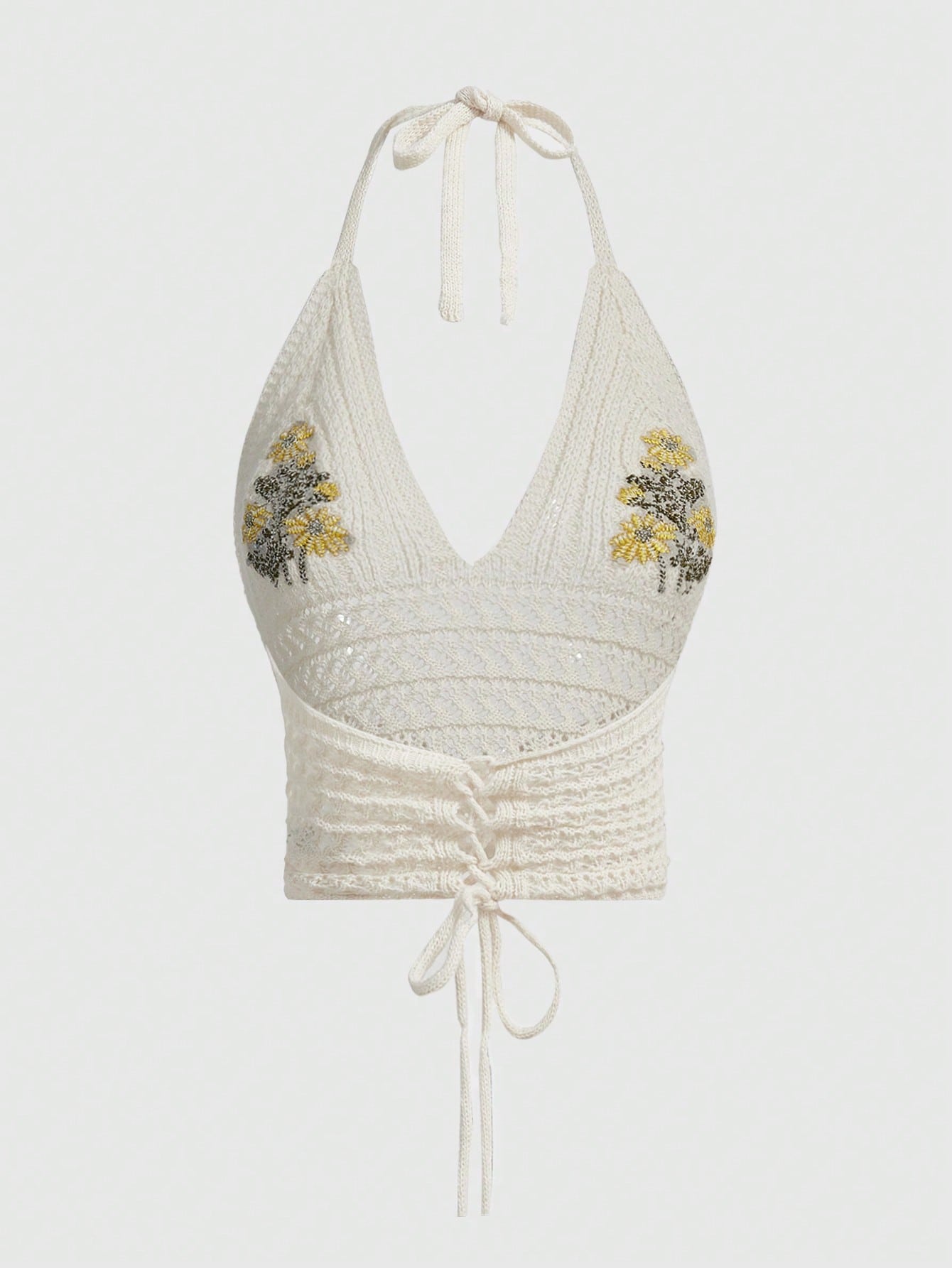 ROMWE Fairycore Top de verano halter de ganchillo con bordado de margaritas para playa