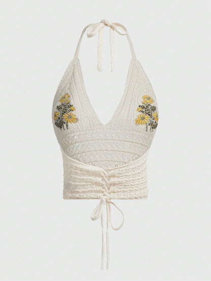 ROMWE Fairycore Top de verano halter de ganchillo con bordado de margaritas para playa