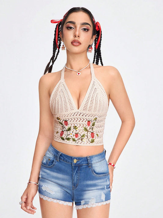 ROMWE Fairycore Top sin mangas de punto para mujer con bordado de frutas y diseño descubierto en la espalda, estilo casual