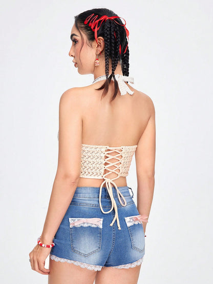 ROMWE Fairycore Top sin mangas de punto para mujer con bordado de frutas y diseño descubierto en la espalda, estilo casual
