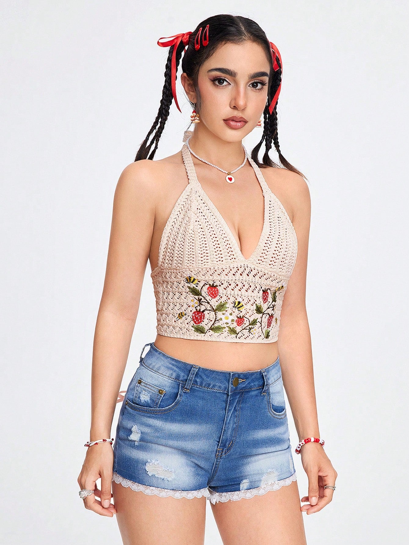 ROMWE Fairycore Top sin mangas de punto para mujer con bordado de frutas y diseño descubierto en la espalda, estilo casual