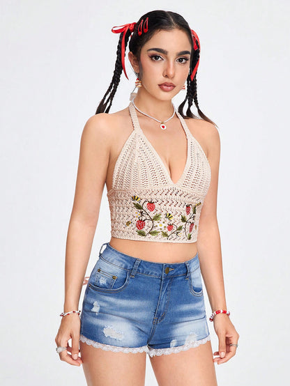 ROMWE Fairycore Top sin mangas de punto para mujer con bordado de frutas y diseño descubierto en la espalda, estilo casual