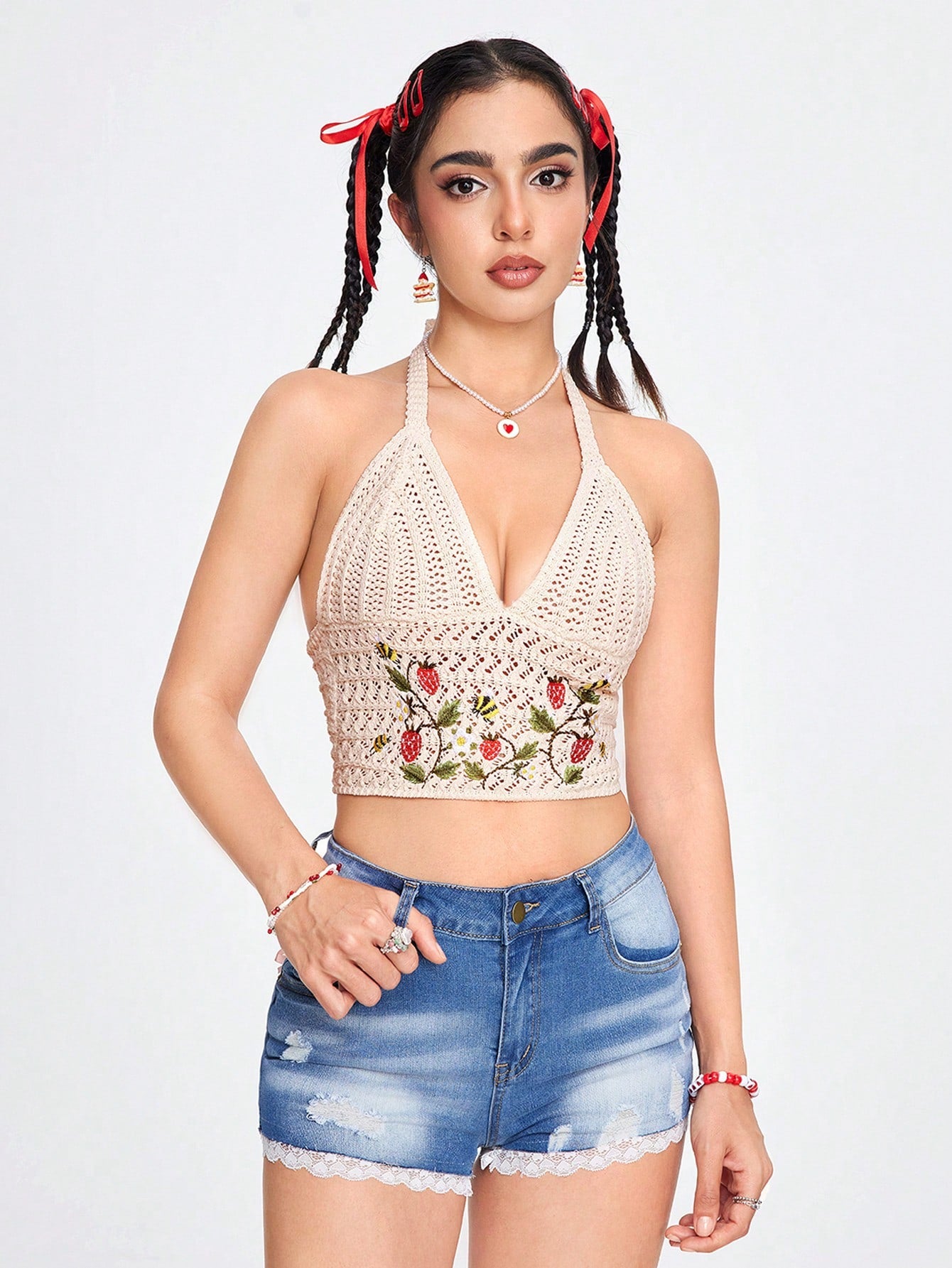 ROMWE Fairycore Top sin mangas de punto para mujer con bordado de frutas y diseño descubierto en la espalda, estilo casual