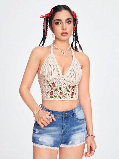 ROMWE Fairycore Top sin mangas de punto para mujer con bordado de frutas y diseño descubierto en la espalda, estilo casual