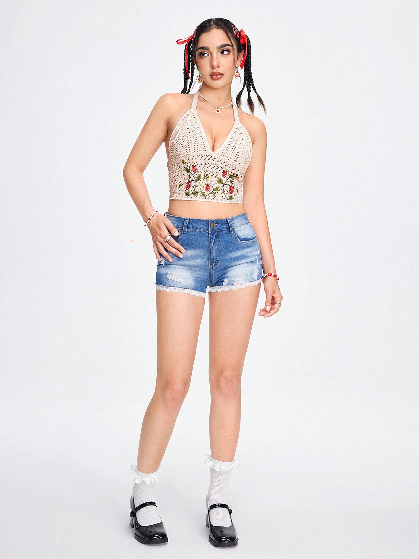 ROMWE Fairycore Top sin mangas de punto para mujer con bordado de frutas y diseño descubierto en la espalda, estilo casual