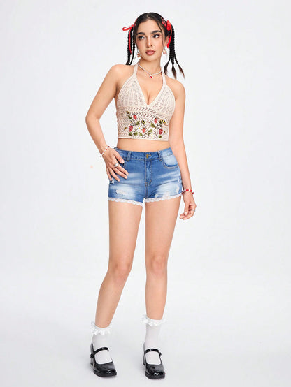 ROMWE Fairycore Top sin mangas de punto para mujer con bordado de frutas y diseño descubierto en la espalda, estilo casual