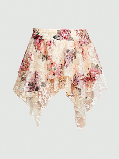 ROMWE Falda con estampado floral y dobladillo asimétrico