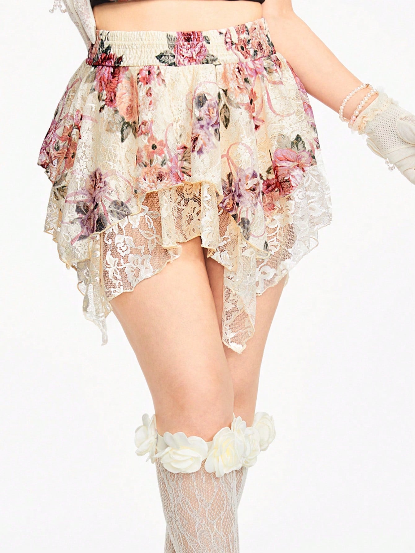 ROMWE Falda con estampado floral y dobladillo asimétrico