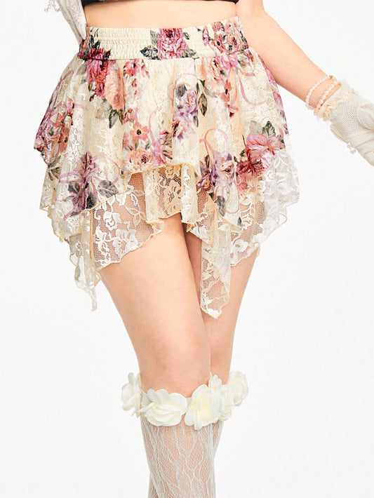 ROMWE Falda con estampado floral y dobladillo asimétrico