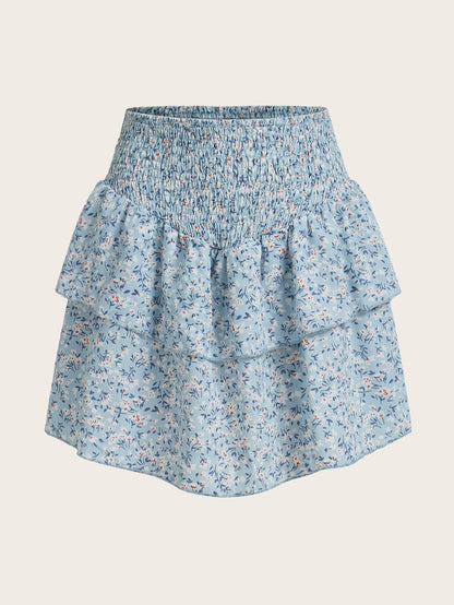 ROMWE Falda informal con volantes en el bajo, estampado floral diminuto, estilo vacaciones