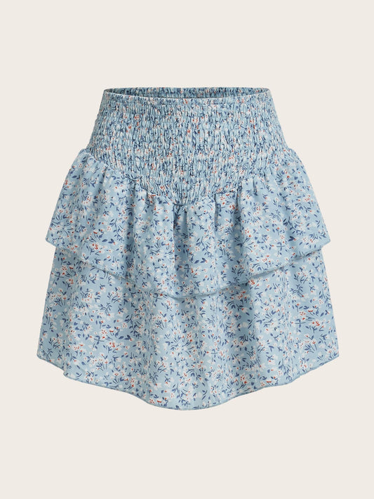 ROMWE Falda informal con volantes en el bajo, estampado floral diminuto, estilo vacaciones