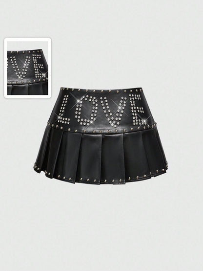 ROMWE Falda mini plisada con cintura ultrabaja y decoración de remaches en estilo punk Y2K (con mallas)