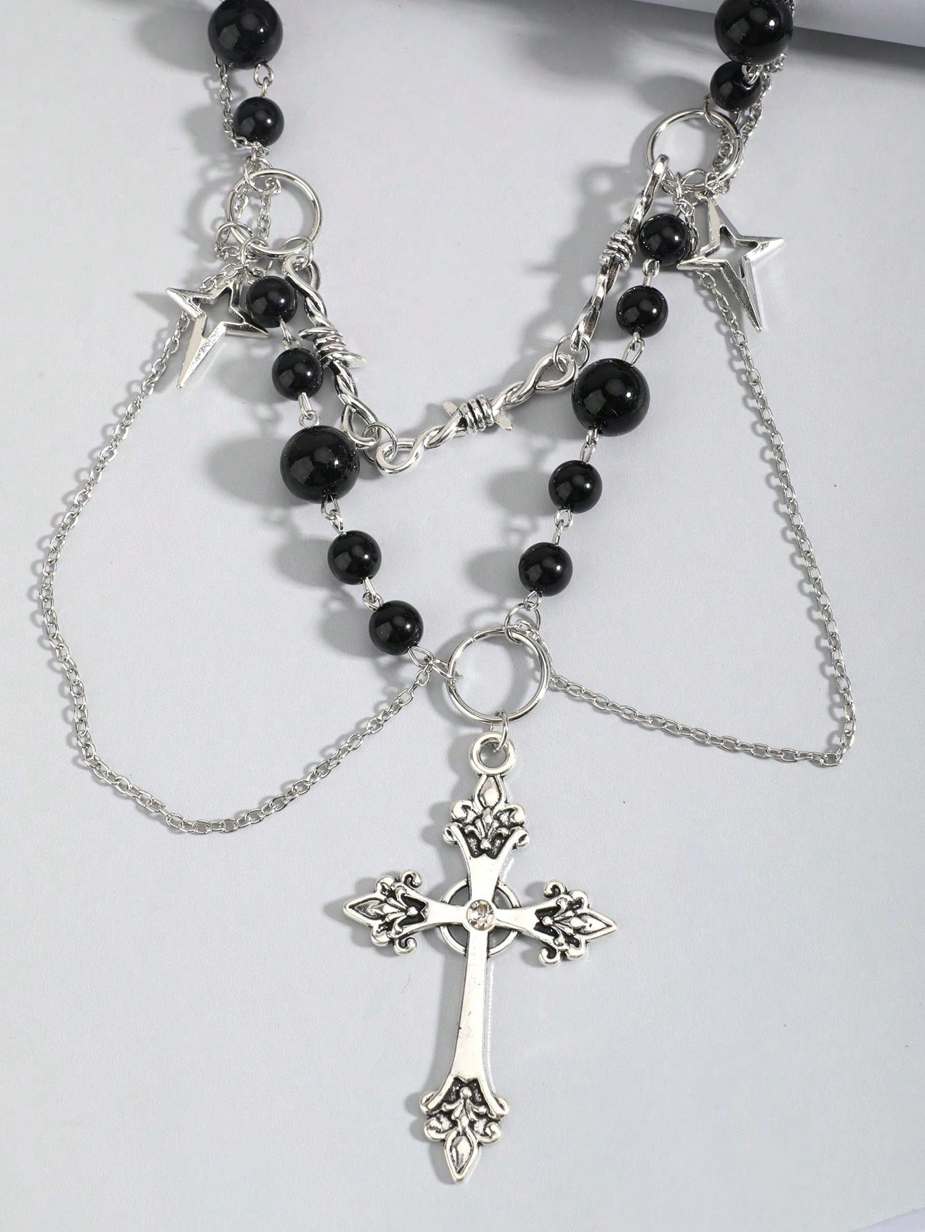 ROMWE Goth 1 pieza Collar con dije de cruz decorado con cristales de imitación y perlas falsas de aleación de zinc glamoroso para mujeres para decoración diaria