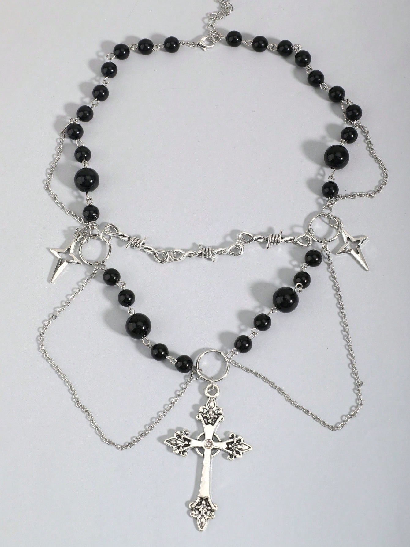 ROMWE Goth 1 pieza Collar con dije de cruz decorado con cristales de imitación y perlas falsas de aleación de zinc glamoroso para mujeres para decoración diaria