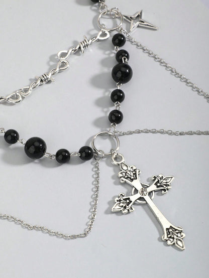 ROMWE Goth 1 pieza Collar con dije de cruz decorado con cristales de imitación y perlas falsas de aleación de zinc glamoroso para mujeres para decoración diaria