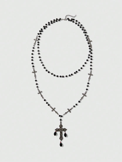 ROMWE Goth 1 pieza Collar de cruz del día de la Ascensión con cuentas y borlas, estilo gótico, de material de metal y resina negra, adecuado para uso diario y fiestas de mujeres