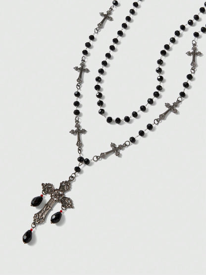 ROMWE Goth 1 pieza Collar de cruz del día de la Ascensión con cuentas y borlas, estilo gótico, de material de metal y resina negra, adecuado para uso diario y fiestas de mujeres