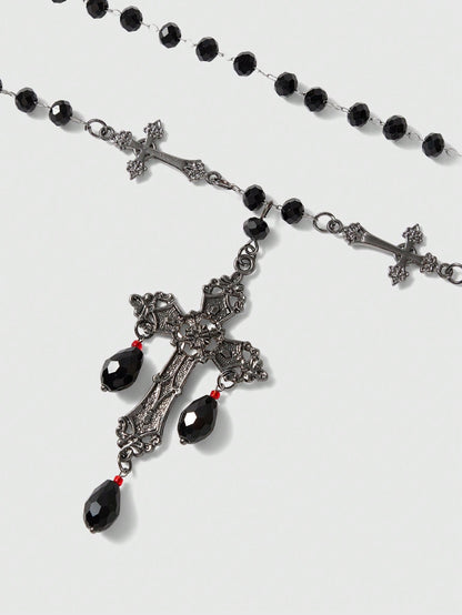 ROMWE Goth 1 pieza Collar de cruz del día de la Ascensión con cuentas y borlas, estilo gótico, de material de metal y resina negra, adecuado para uso diario y fiestas de mujeres
