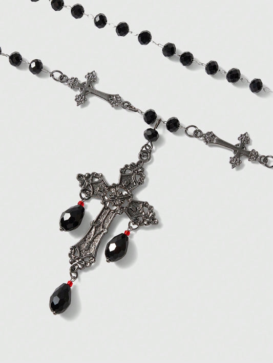 ROMWE Goth 1 pieza Collar de cruz del día de la Ascensión con cuentas y borlas, estilo gótico, de material de metal y resina negra, adecuado para uso diario y fiestas de mujeres