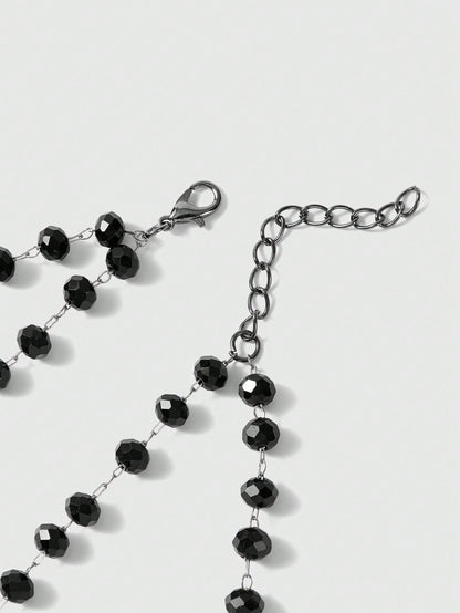 ROMWE Goth 1 pieza Collar de cruz del día de la Ascensión con cuentas y borlas, estilo gótico, de material de metal y resina negra, adecuado para uso diario y fiestas de mujeres