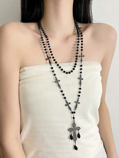 ROMWE Goth 1 pieza Collar de cruz del día de la Ascensión con cuentas y borlas, estilo gótico, de material de metal y resina negra, adecuado para uso diario y fiestas de mujeres