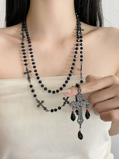 ROMWE Goth 1 pieza Collar de cruz del día de la Ascensión con cuentas y borlas, estilo gótico, de material de metal y resina negra, adecuado para uso diario y fiestas de mujeres