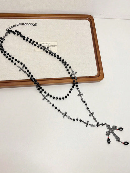 ROMWE Goth 1 pieza Collar de cruz del día de la Ascensión con cuentas y borlas, estilo gótico, de material de metal y resina negra, adecuado para uso diario y fiestas de mujeres