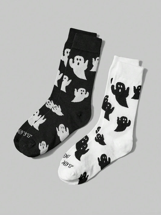 ROMWE Goth 2 pares Calcetines tipo tripulación con estampado de fantasmas para mujer, para todas las estaciones