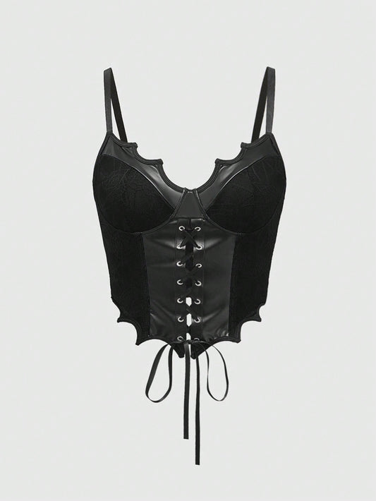 ROMWE Goth Atractivo corsé de mujer con forma de murciélago con parches de PU gótico Y2K en contraste negro y rojo, con encaje de telaraña y ballenas