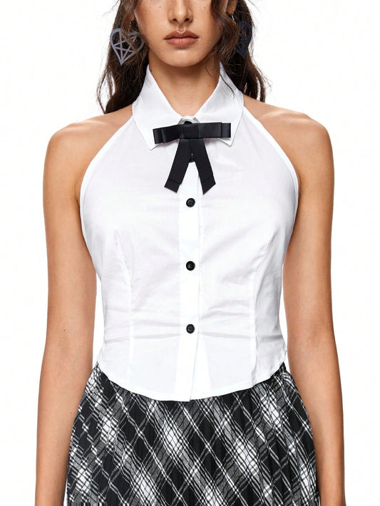 ROMWE Goth Blusa ceñida con cuello de lazo sin mangas de estilo universitario para mujeres