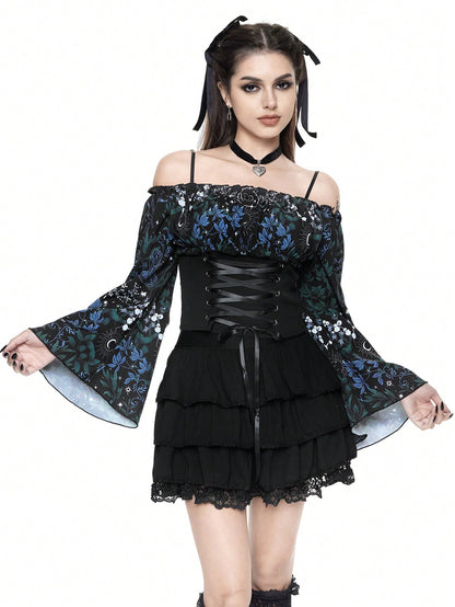 ROMWE Goth Blusa de mujer con estampado de sol, luna y flores con cintura con cordón y mangas acampanadas