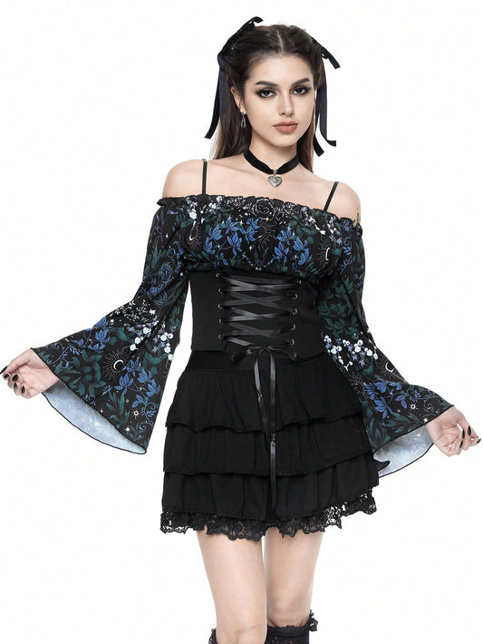 ROMWE Goth Blusa de mujer con estampado de sol, luna y flores con cintura con cordón y mangas acampanadas