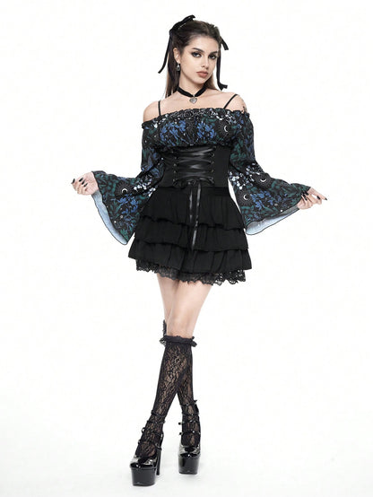 ROMWE Goth Blusa de mujer con estampado de sol, luna y flores con cintura con cordón y mangas acampanadas