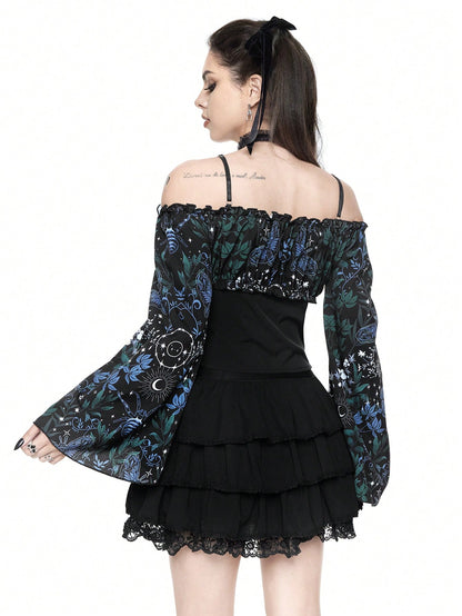 ROMWE Goth Blusa de mujer con estampado de sol, luna y flores con cintura con cordón y mangas acampanadas