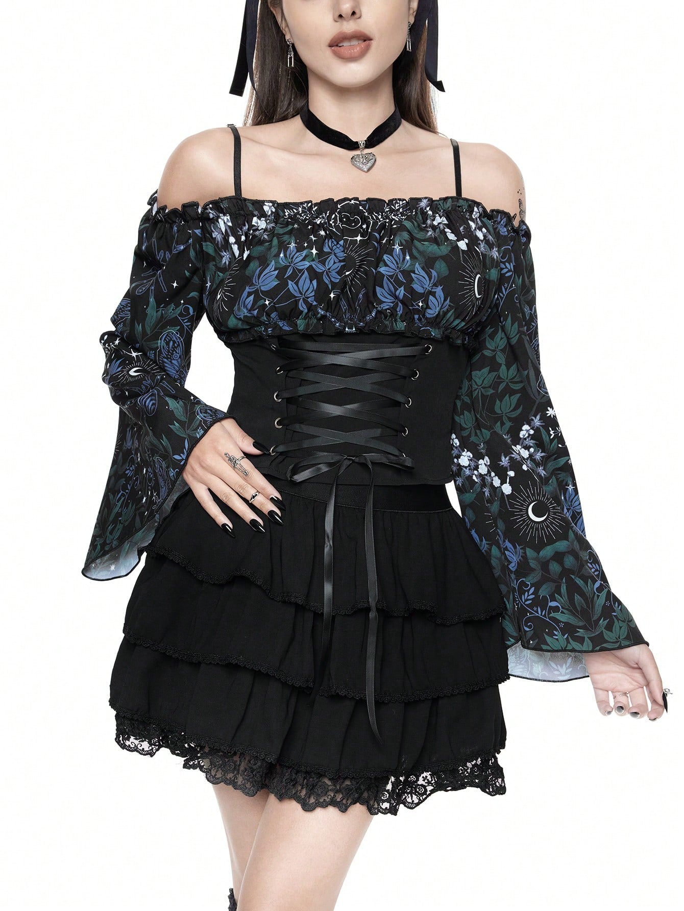 ROMWE Goth Blusa de mujer con estampado de sol, luna y flores con cintura con cordón y mangas acampanadas