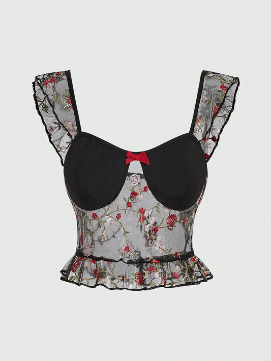 ROMWE Goth Blusa de mujer con mangas cortas, de malla bordada con rosas