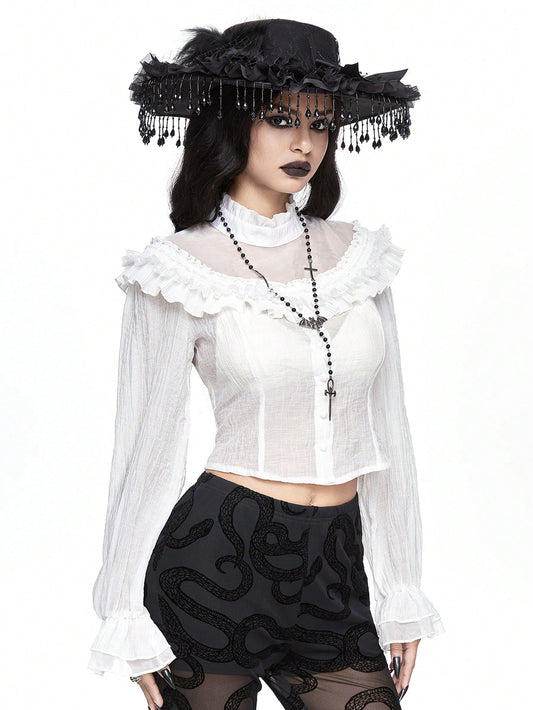 ROMWE Goth Blusa de mujer con panel transparente, manga globo y volantes, en estilo gótico