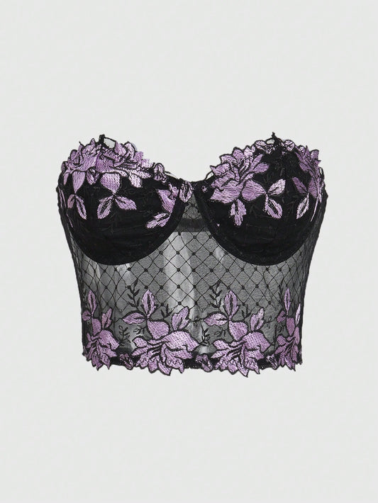 ROMWE Goth Blusa tubo de malla bordada con flores para mujer en verano