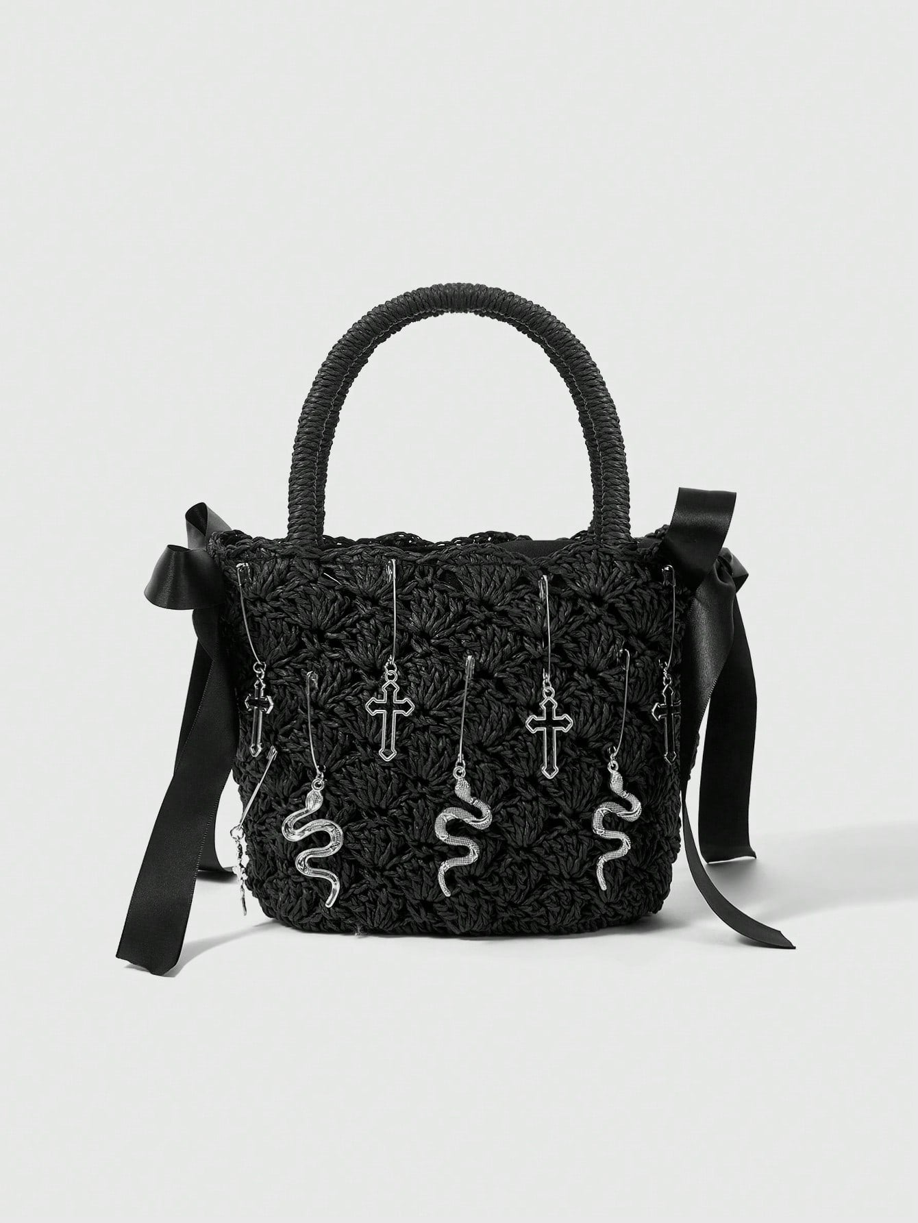 ROMWE Goth Bolso de mano de estilo gótico con diseño de cruz, serpiente y lazo, para Halloween
