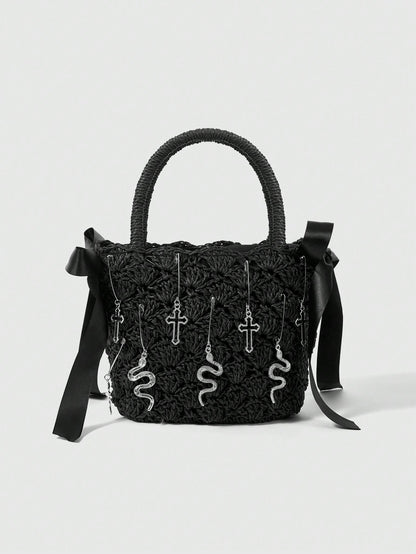 ROMWE Goth Bolso de mano de estilo gótico con diseño de cruz, serpiente y lazo, para Halloween