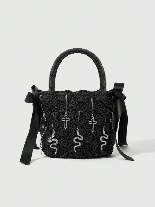 ROMWE Goth Bolso de mano de estilo gótico con diseño de cruz, serpiente y lazo, para Halloween