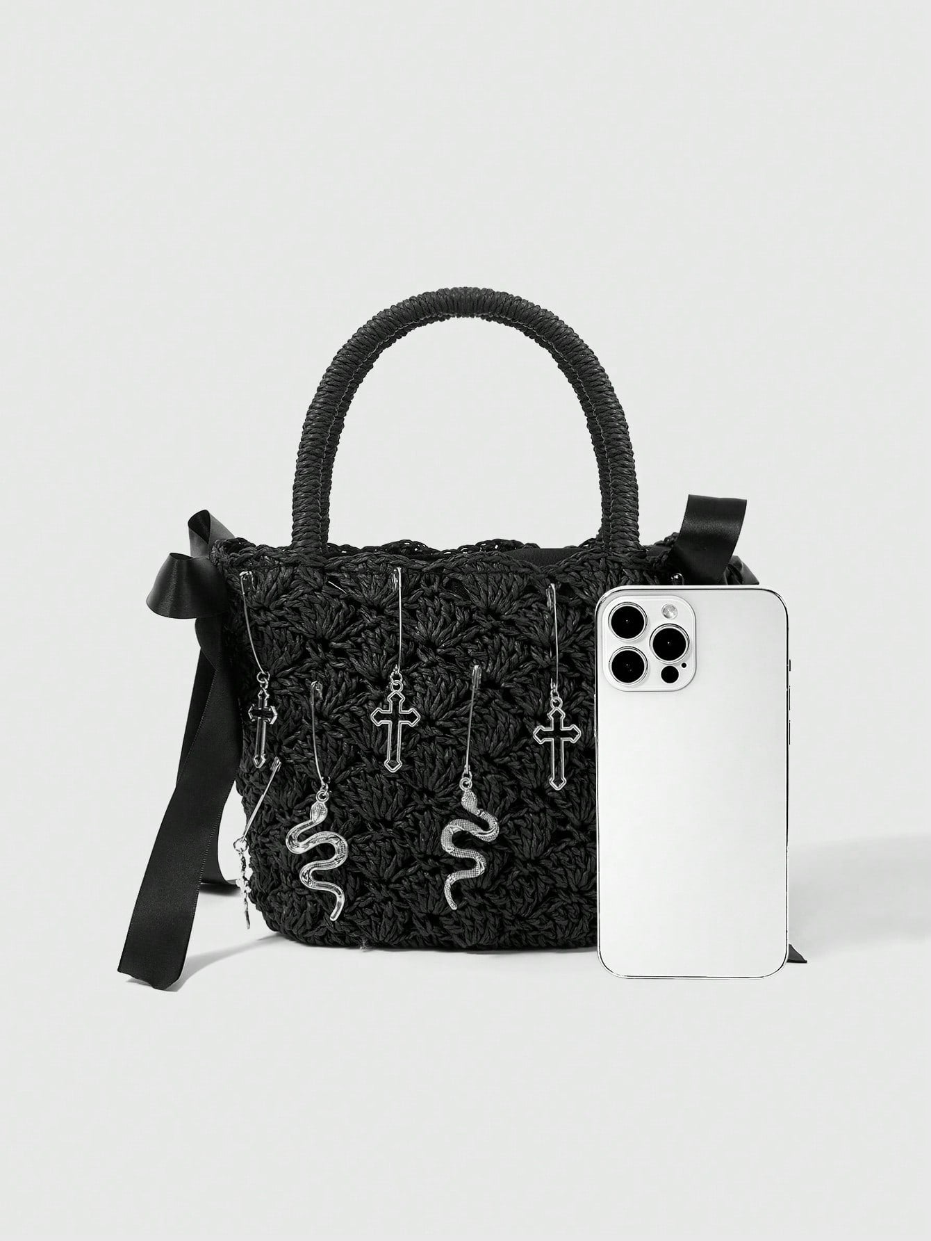 ROMWE Goth Bolso de mano de estilo gótico con diseño de cruz, serpiente y lazo, para Halloween
