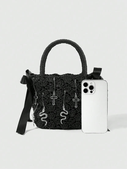 ROMWE Goth Bolso de mano de estilo gótico con diseño de cruz, serpiente y lazo, para Halloween