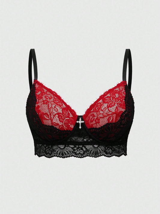 ROMWE Goth Bralette con encaje en forma de cruz gótica y aros