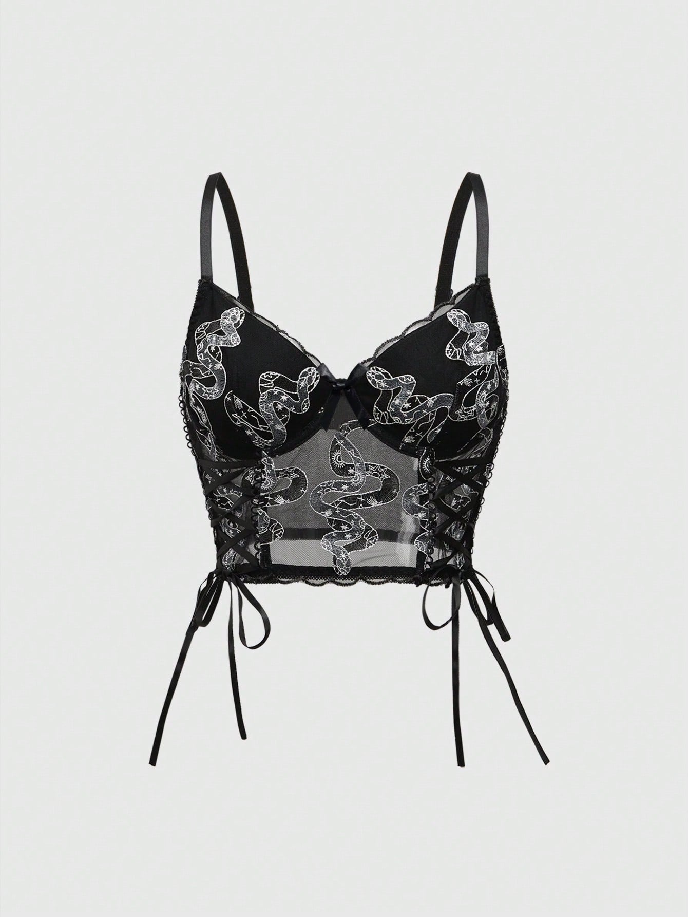 ROMWE Goth Bralette gótico con bordado de serpiente, cordones y arco interior