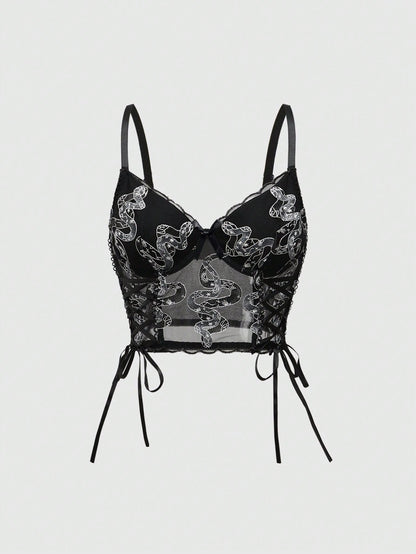 ROMWE Goth Bralette gótico con bordado de serpiente, cordones y arco interior
