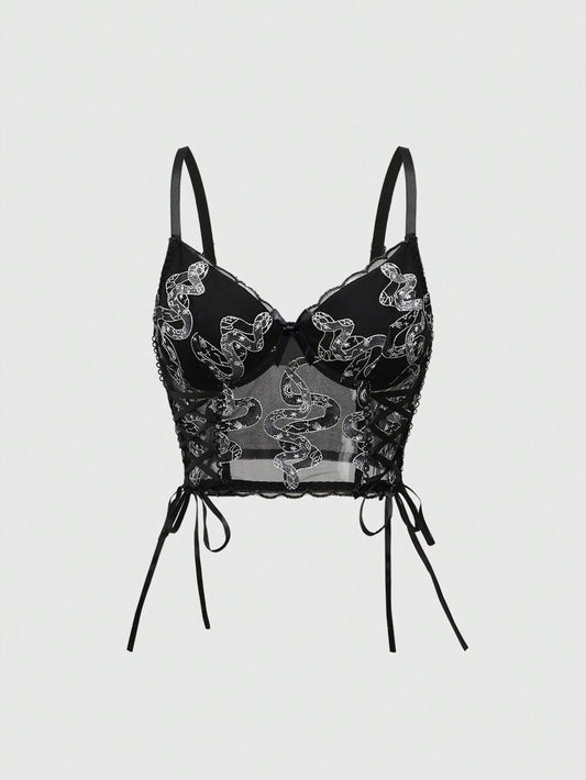 ROMWE Goth Bralette gótico con bordado de serpiente, cordones y arco interior