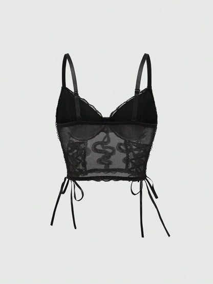 ROMWE Goth Bralette gótico con bordado de serpiente, cordones y arco interior