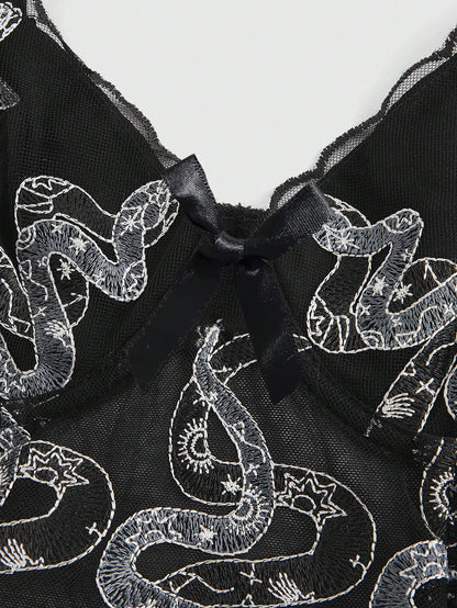 ROMWE Goth Bralette gótico con bordado de serpiente, cordones y arco interior